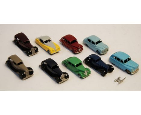 FIVE DINKY TOYS, IMMEDIATE POST WAR SALOON CARS all repainted, includes Rolls Royce saloon and Vauxhall saloon and FOUR CIRCA