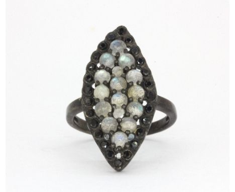 A 925 silver moonstone and black spinel ring, (O).