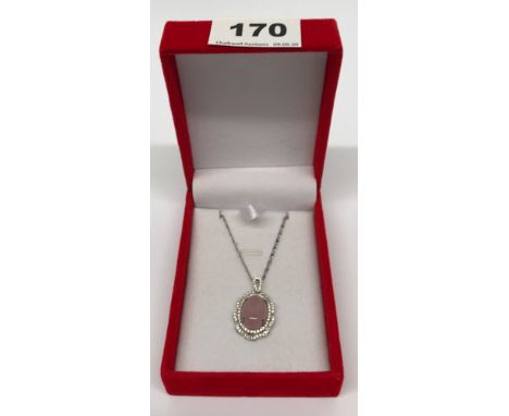 A pretty lavender jade and stone set 18ct white gold plated pendant on an 18ct white gold plated chain.