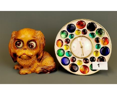 An amusing mid-20th Century dog clock with moving eyes for hours and minutes, together with a 1960's circular mantle clock, t