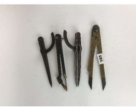 Three pairs of antique dividers and a drawing compass, longest 24cm.
