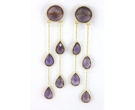 A pair of 925 silver gilt large drop earrings set with faceted cut amethyst, L. 8.5cm.