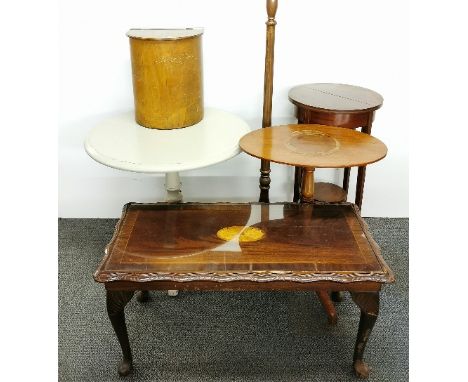 A painted circular tea table with an Edwardian pedestal table, inlaid plant stand, standard lamp and bread bin, together with