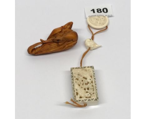 A carved fruitwood figure/netsuke of two mice on an ear of corn, L.7cm, with a carved bone inro, ojime and netsuke.