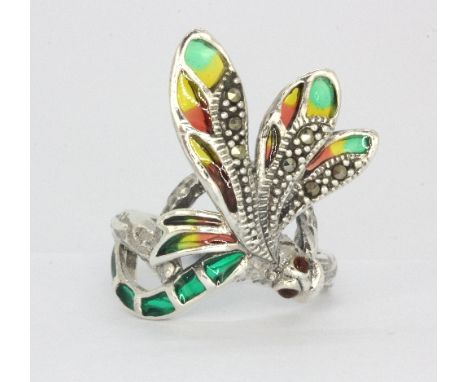 A 925 silver and marcasite enamelled dragonfly shaped ring set with ruby eyes, (N).