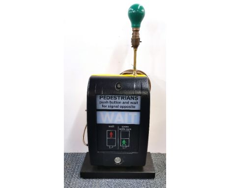 A 1990's pedestrian crossing control unit with illuminated wait sign repurposed as an interesting desk light, H. 65cm.