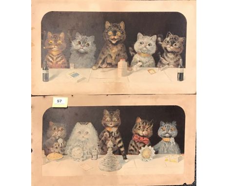 A pair of early unframed Louis Wain Lithographs entitled 'the wedding breakfast' and 'the bachelors party', size 58 x 32cm.