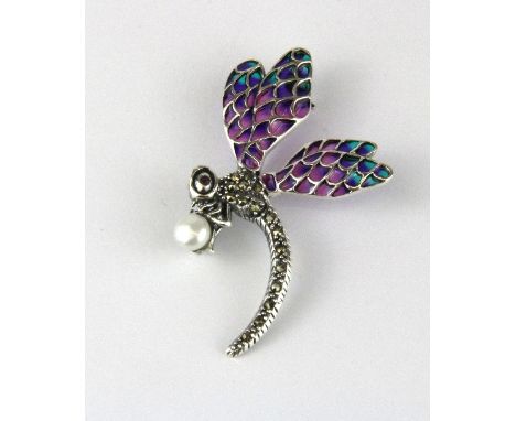 A 925 silver and marcasite enamelled dragonfly brooch / pendant, set with pearl and ruby set eyes, L. 6cm.