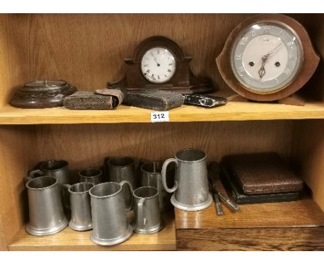 Two mantle clocks, an oak barometer, two cameras and a pair of opera glasses, together with a quantity of cutlery and pewter 