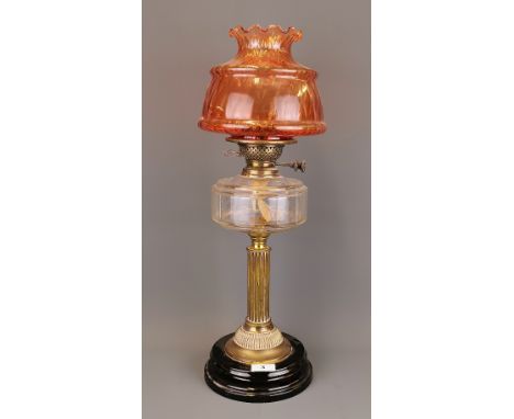 A large Edwardian brass and glass oil lamp and glass shade. Overall H. 58cm.