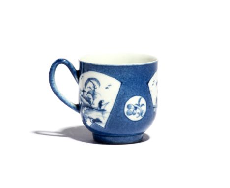 A Worcester blue and white coffee cup c.1765, painted with the Fisherman in a Fan-Panelled Landscape pattern, flanked with sm