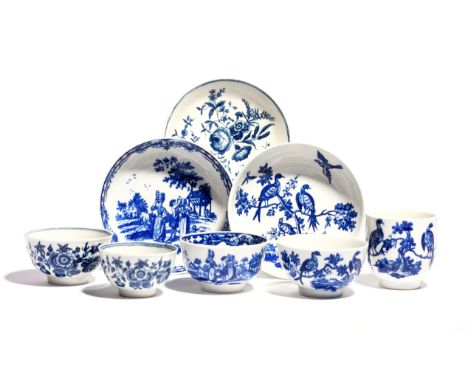 A group of Worcester blue and white teawares  c.1765-80, including a teabowl and saucer in the Milkmaids pattern, a trio of a