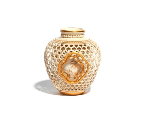 A good Royal Worcester triple-walled vase  c.1891, the inner vase gilded probably by George Owen with figures, trees and buil