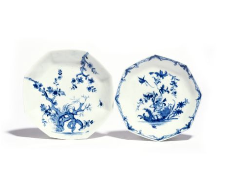 Two Worcester blue and white octagonal saucers  c.1755-60, one painted with the Prunus Root pattern, workman's mark, the othe