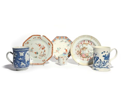 A study group of Chinese and English porcelains  18th century, including a Chelsea octagonal shallow dish painted in Kakiemon