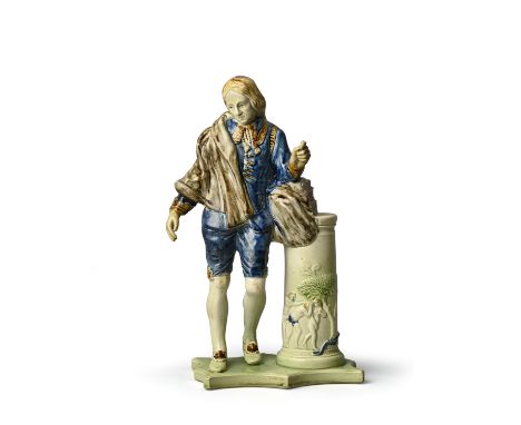 A rare Ralph Wood pearlware figure of John Milton  c.1790-1800, standing beside a pillar moulded with scenes from Paradise Lo