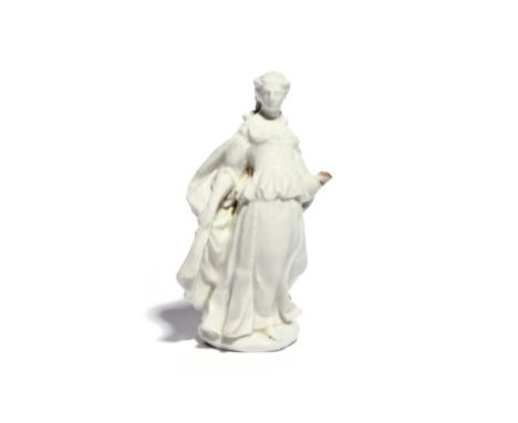 A white-glazed Bow Commedia dell'Arte figure of Isabella  c.1752-55, standing in a theatrical pose with her right hip extende