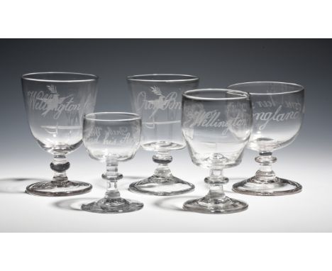 Five commemorative glasses and rummers  c.1820, variously inscribed 'England has Done her Duty', 'Our Brave Allies', 'Welling