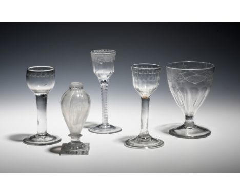 Four drinking glasses  c.1770-1800, two small wines with polished circle borders, raised on plain stems, a similar Continenta