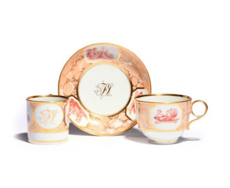 A Barr Worcester trio  c.1800, comprising a coffee can, teacup and saucer, printed in red with vignettes of Neptune and Juno 