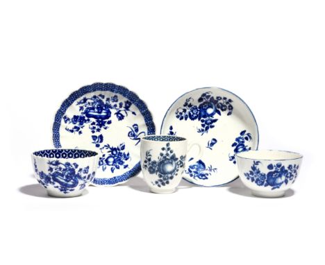 Two Worcester blue and white teabowls and saucers  c.1770-80, one fluted and printed with the Marrow and Flower Sprays patter