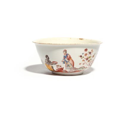 A rare Meissen hausmaler bowl c.1720-25, painted with a kneeling African figure holding out a bowl to a woman in Chinese robe