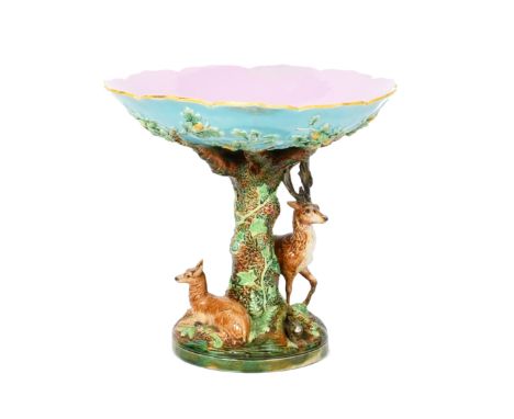 A George Jones Majolica comport or tazza  c.1871, the wide shallow dish raised on an oak trunk with spreading branches moulde