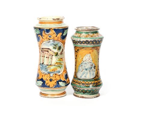 Two Italian maiolica albarelli  18th century, of slender waisted form, one painted with a three quarter length portrait of a 