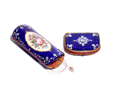 A French enamel purse and matching spectacles case  19th century, the case painted with a panel of flowers reserved on a blue