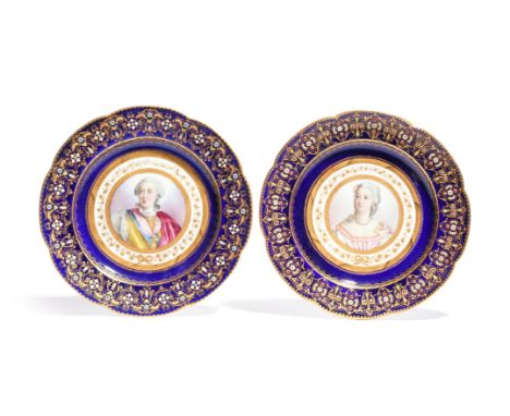 A pair of Sèvres-style cabinet plates late 19th century, painted with portraits of Louis XV and Madame Du Barry within gilt l