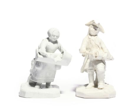 A rare matched pair of white-glazed Bow figures of street musicians  c.1752, he standing and playing the hurdy-gurdy, wearing