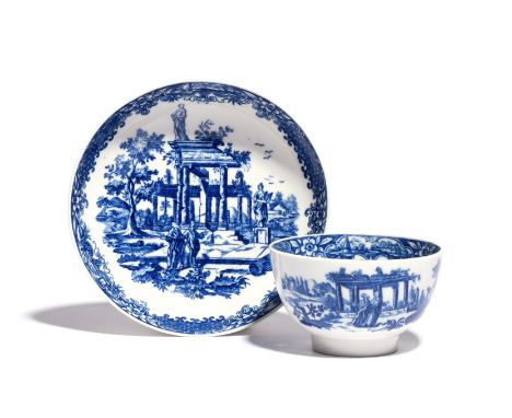 A Worcester teabowl and saucer  c.1775-85, the generous forms printed with the Classical Ruins Teawares Group, two scholars b