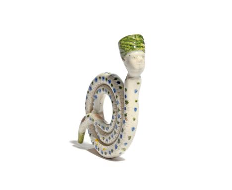 A Pratt ware novelty pipe  c.1800, formed as a coiled snake holding a turbanned head in its mouth to form the pipe bowl, the 