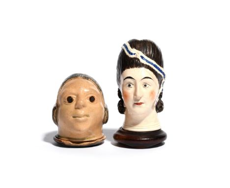 A Whieldon-style bonbonniere or snuff box and cover  19th century, modelled as the head of a bewigged gentleman, the screw ba
