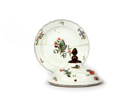 A Meissen tureen cover  c.1740, painted in an extended Kakiemon palette with the Korean Lion pattern, a mythical lion dog ben