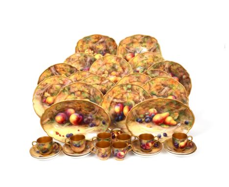 A Royal Worcester part dessert service  date codes for 1925, painted by Horace Price with different fruit scenes including pe