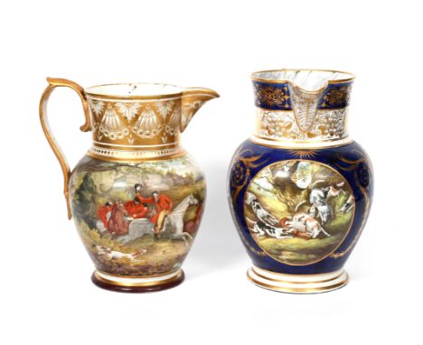 Two large English porcelain hunting jugs  c.1810-20, one Grainger's Worcester and painted with panels of horse riders and dog