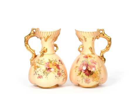 A matched pair of Royal Worcester ewers  date codes for 1899 and 1909, of shape 1507, painted in the manner of Edward Raby wi