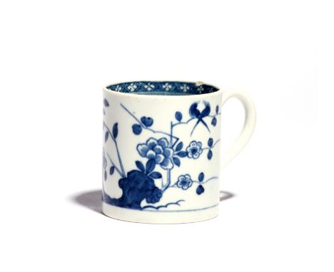 A rare Worcester blue and white coffee can  c.1768-70, painted with two love birds perched on a branch of flowering prunus ab