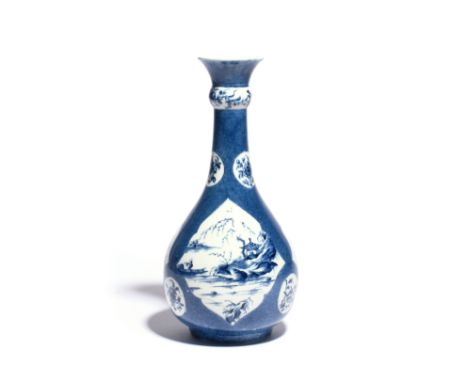 A rare Worcester blue and white guglet  c.1760-65, the pear-shaped body rising to a slender neck with bulbous knop and flared