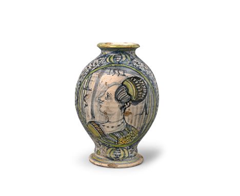 A Montelupo maiolica jar or albarello  dated 1551, painted in green and blue with the profile portrait of a lady flanked by l