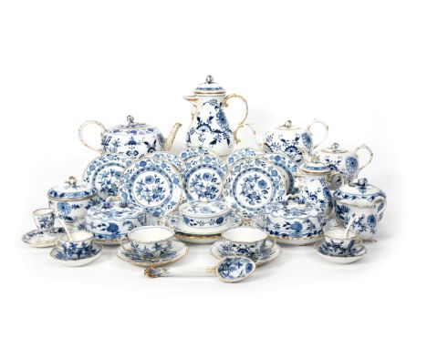 An extensive Meissen combined tea and coffee service  19th century, decorated in underglaze blue with the Onion pattern. Comp
