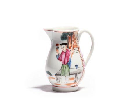 A Worcester sparrow beak jug  c.1770, painted with Chinese figures in a garden setting, around the handle with a puce monochr