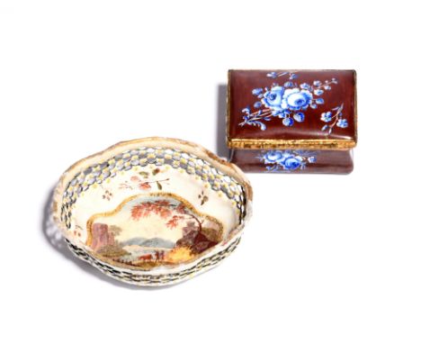 An enamel snuff box and a small basket c.1760-70, the snuff box of rectangular form and painted with sprays of flowers in blu