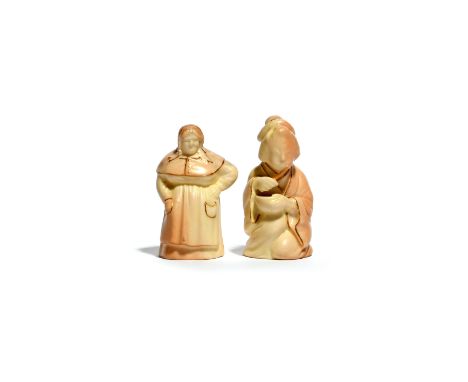 Two Royal Worcester candle snuffers  c.1901, modelled as a Mandarin girl kneeling with a bowl and chopsticks, and as a large 