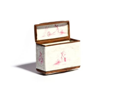 A double-ended enamel snuff box late 18th century, the rectangular form painted in puce monochrome with putti at various purs
