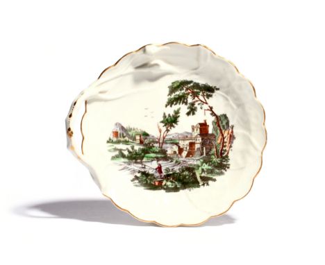 A Worcester Blind Earl dish c.1765-70, printed and coloured with a figure fishing the river beside a large water mill, the di