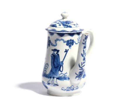 A Bow blue and white chocolate pot and cover c.1760, painted with the Golfer and Caddy pattern, a Chinese boy carrying rolled