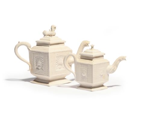 Two salt-glazed stoneware teapots and covers  c.1760, of square section, each side moulded with a large central shell motif r