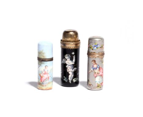 Three French enamel scent bottles  19th century, of cylindrical form, the largest painted with a winged putto amidst flowers 